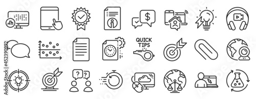 Set of Education icons, such as Headphones, Target, Fast recovery icons. Payment received, Video conference, Idea signs. Magistrates court, Online education, Project deadline. Dot plot. Vector