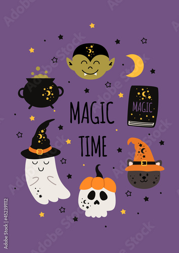 cute halloween poster with magic elements