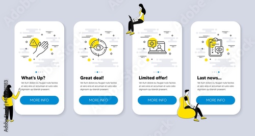 Set of Healthcare icons, such as Dont touch, Medical help, Eye target icons. UI phone app screens with people. Eye checklist line symbols. Clean hand, Medicine laptop, Optometry. Vector