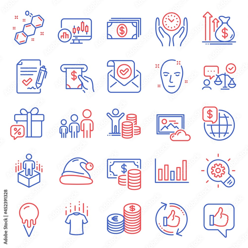 Business icons set. Included icon as Like, Lawyer, Santa hat signs. Currency, Health skin, Column chart symbols. Budget profit, Banking, Dry t-shirt. Ice cream, Safe time, World money. Vector Business icons set. Included icon as Like, Lawyer, Santa hat signs. Currency, Health skin, Column chart symbols. Budget profit, Banking, Dry t-shirt. Ice cream, Safe time, World money. Vector
