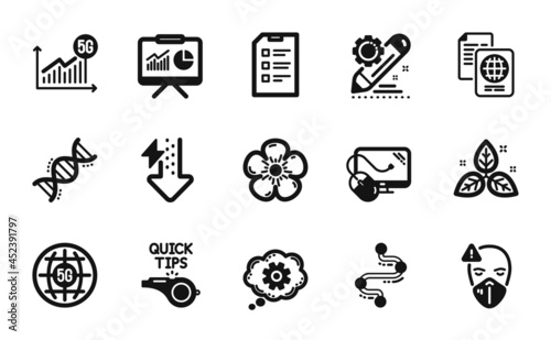 Vector set of Medical mask, 5g internet and Checklist icons simple set. 5g statistics, Timeline and Passport document icons. Tutorials, Project edit and Fair trade signs. Vector