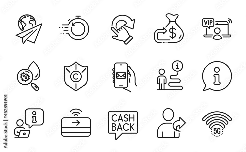 Business icons set. Included icon as Water analysis, Fast recovery, 5g wifi signs. Refer friend, Paper plane, Copyright protection symbols. Vip access, Money transfer, Contactless payment. Vector