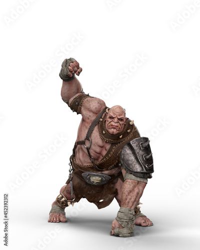 3D rendering of a fantasy ogre waving his fist aggressively isolated on a white background. photo