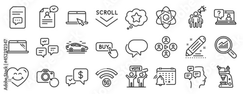 Set of Technology icons  such as Brand contract  Chat messages  Brand ambassador icons. Car  Resume document  Smile face signs. Video conference  Messages  Loyalty star. Recovery photo. Vector