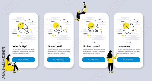 Vector Set of Science icons related to Augmented reality, 5g cloud and Quarantine icons. UI phone app screens with people. Time line symbols. Virtual reality, Wifi internet, Self-isolate. Vector