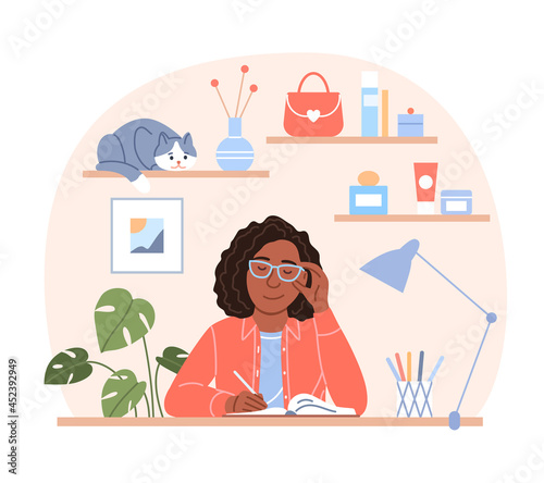Attractive black woman writes diary concept. Young flat sitting afro girl portrait with pen in hand plans in organizer, draws creative pages or journal on home background. Cartoon vector illustration.