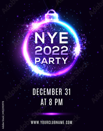 New Year Eve 2022 party poster on dark blue background. NYE beautiful holiday banner, hanging Xmas ball shape electric circle frame. Disco night flyer invitation design template vector illustration. photo