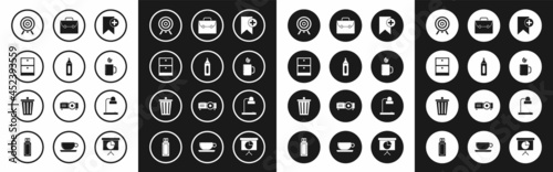 Set Bookmark, Marker pen, Archive papers drawer, Target, Cup of tea and leaf, Briefcase, Table lamp and Trash can icon. Vector