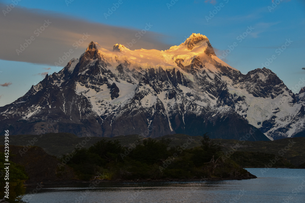 peak of Cerro Paine Grande with its glacier at sunrise peak of Cerro Paine Grande with its glacier at sunrise