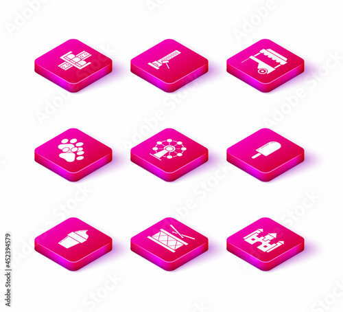 Set Ice cream in waffle cone, Drum with drum sticks, Paw print, Ferris wheel, Castle, Fast street food cart awning and High striker attraction big hammer icon. Vector