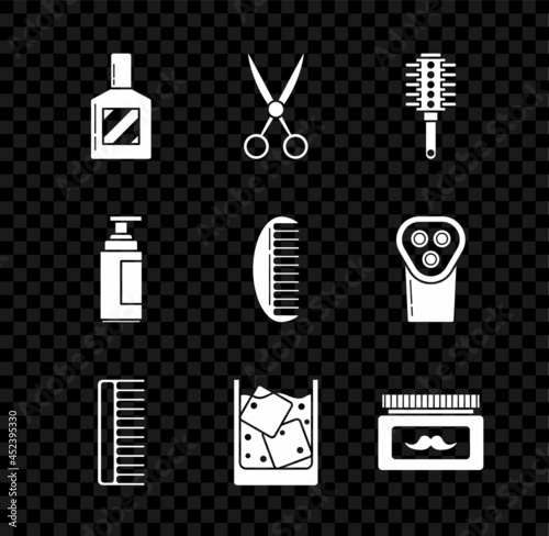 Set Aftershave, Scissors hairdresser, Hairbrush, Glass of whiskey and ice cubes, Cream lotion cosmetic jar, tube and icon. Vector