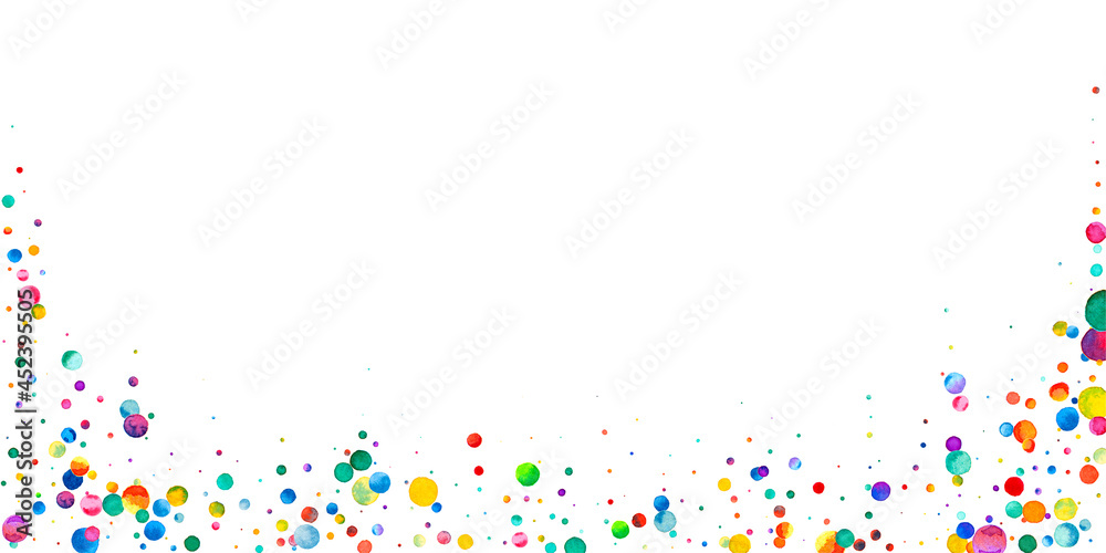 Watercolor confetti on white background. Adorable rainbow colored dots. Happy celebration wide colorful bright card. Good-looking hand painted confetti.