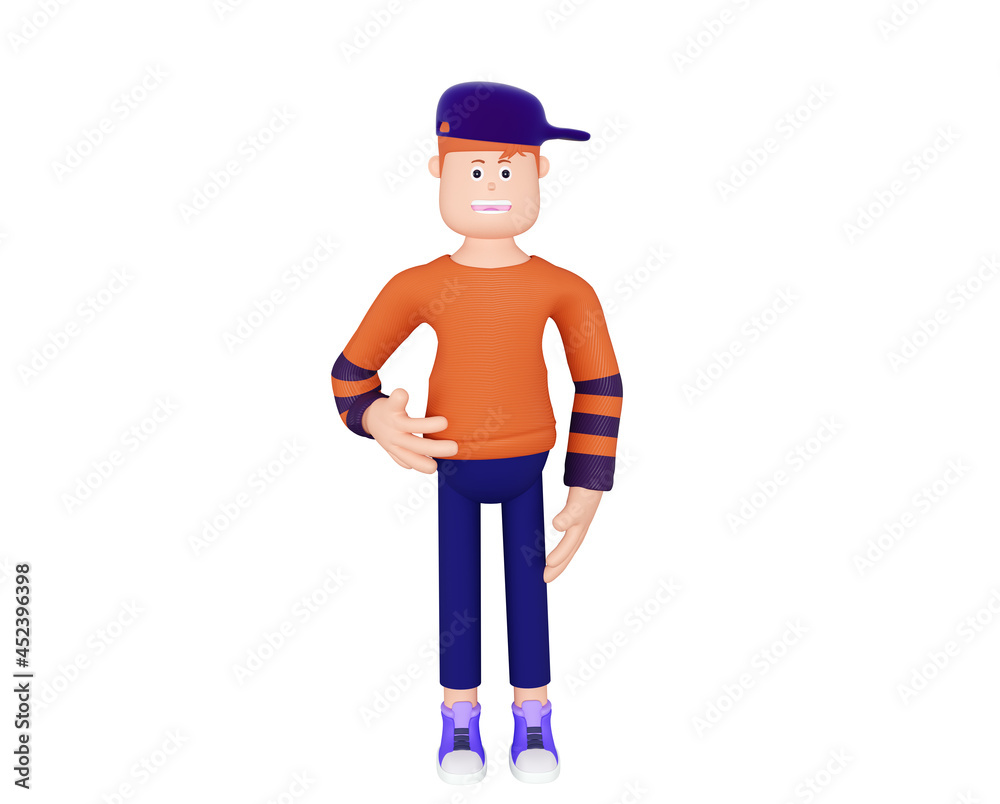 Cartoon character is a teenager dressed in an orange sweater and a cap, 3d render. Young cartoon character, a student or a schoolboy, isolated on a white background.