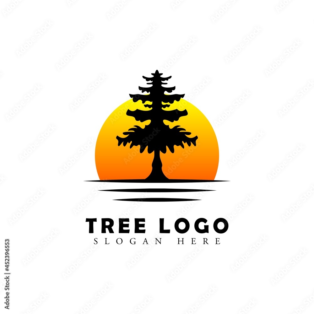 tree logo in vintage style. tree and sunrise concept logo