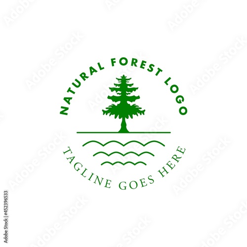 tree logo in vintage style. tree and water wave concept logo in line style