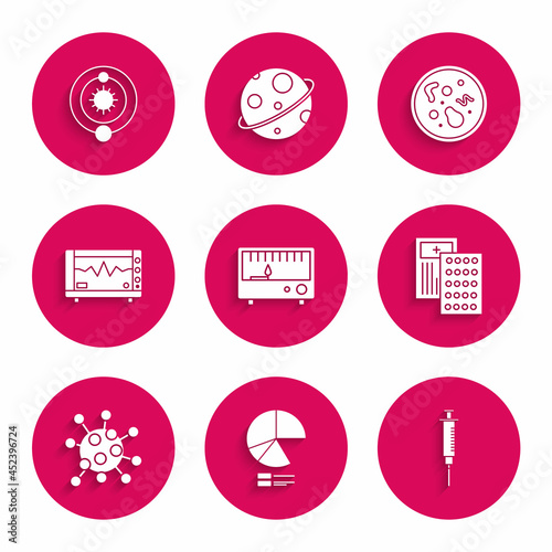 Set Electrical measuring instruments, Pie chart infographic, Syringe, Pills blister pack, Bacteria, Computer monitor with cardiogram, and Solar system icon. Vector