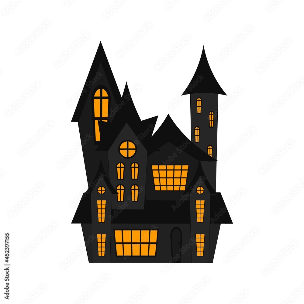 Creepy house isolated on white background. Halloween castle house. Vector flat illustration. Witch hut, vampire castle, haunted house, and cemetery chapel. 