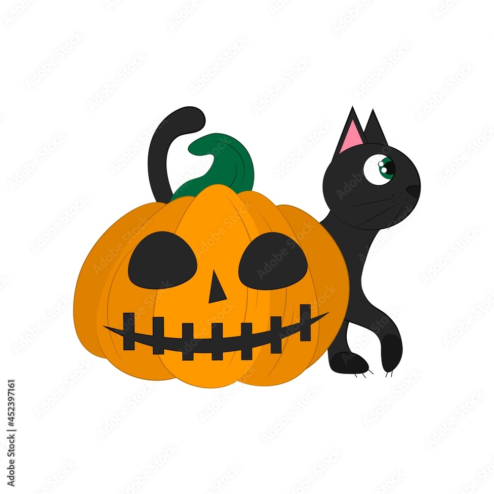 Fototapeta premium black cat with pumpkin isolated on a white background. object for Halloween. Vector flat illustration. Holiday symbols. 