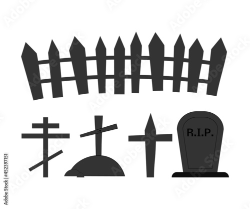 Set of graves, crosses and a fence isolated on a white background. Vector flat illustration. halloween element illustration. Can be used in web and mobile. 