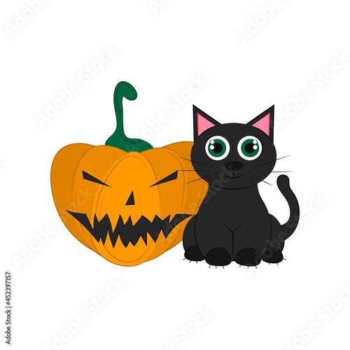  black cat with pumpkin isolated on a white background. object for Halloween. Vector flat illustration. Holiday symbols.  © Юлия Рубаха