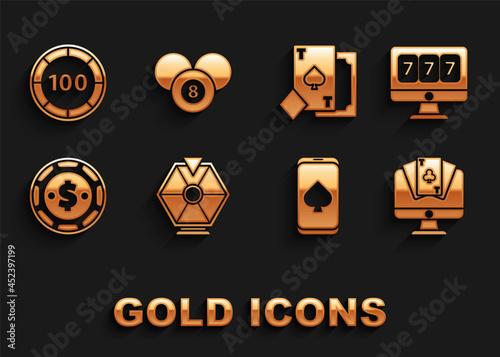 Set Lucky wheel, Online slot machine with lucky sevens jackpot, poker table game, Casino chip dollar, Playing card spades, chips and Billiard pool snooker 8 ball icon. Vector