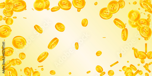 Thai baht coins falling. Lovely scattered THB coins. Thailand money. Fascinating jackpot, wealth or success concept. Vector illustration.