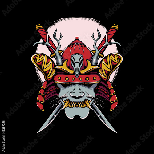 oni mask with japanese samurai helmet with moon and katana sword illustration