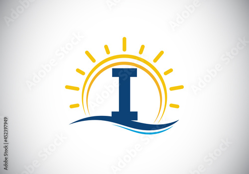 Initial I monogram alphabet with abstract sun and wave. Ocean sun logo design. Font emblem. Modern vector logo for business  and company identity