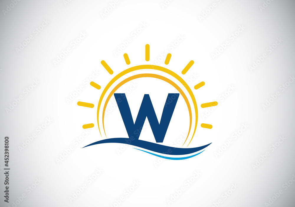 Initial W monogram alphabet with abstract sun and wave. Ocean sun logo ...