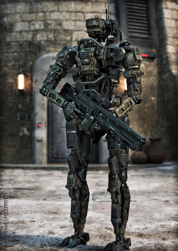 Artificial Intelligence self aware android robot patrolling the city streets. 3d rendering