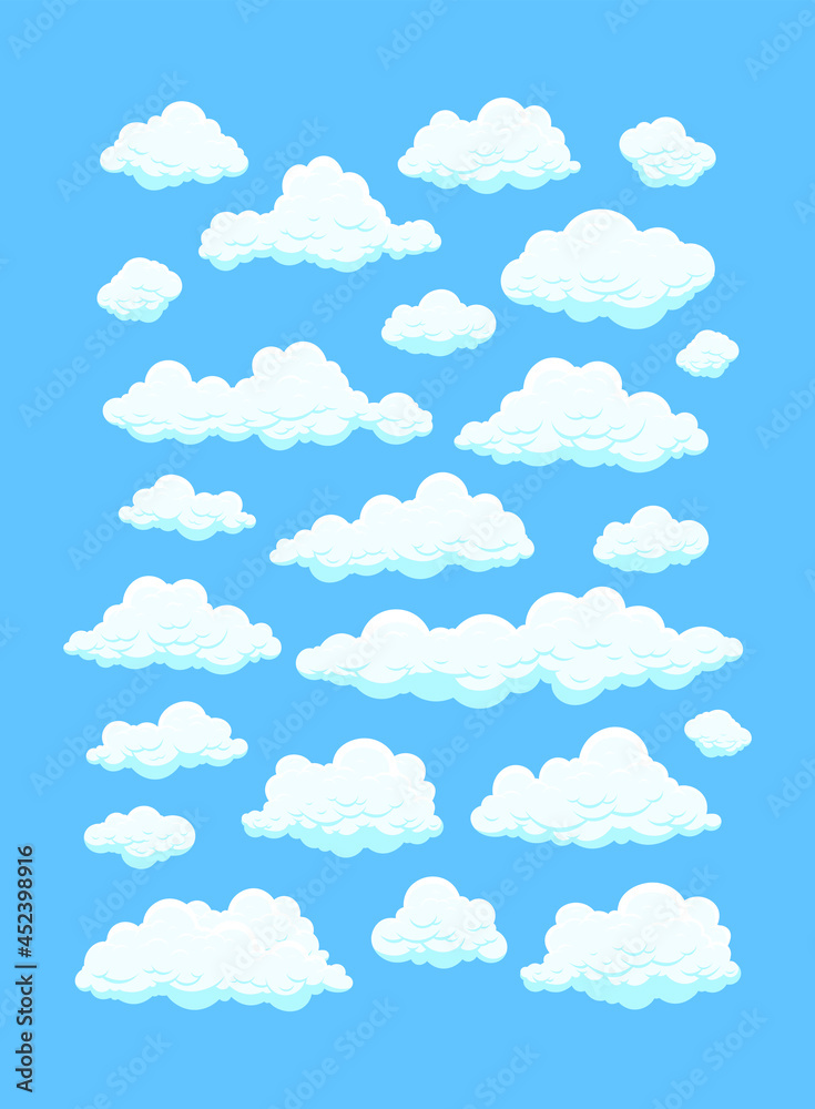 Cartoon clouds isolated on blue background. Cumulus and fluffy eddy in blue sky. Hand drawn sketch. Cloudscape 2d vector illustrations. Cartoon clouds isolated on blue background. Cumulus and fluffy eddy in blue sky. Hand drawn sketch. Cloudscape 2d vector illustrations.