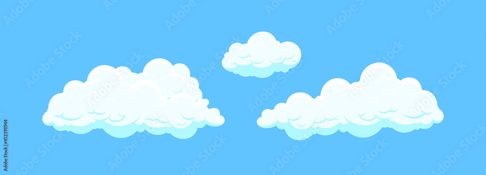 Cartoon clouds isolated on blue background. Cumulus and fluffy eddy in blue sky. Hand drawn sketch. Cloudscape 2d vector illustrations. Cartoon clouds isolated on blue background. Cumulus and fluffy eddy in blue sky. Hand drawn sketch. Cloudscape 2d vector illustrations.