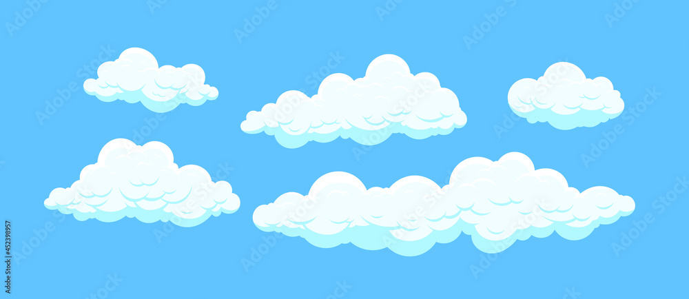 Cartoon clouds isolated on blue background. Cumulus and fluffy eddy in blue sky. Hand drawn sketch. Cloudscape 2d vector illustrations. Cartoon clouds isolated on blue background. Cumulus and fluffy eddy in blue sky. Hand drawn sketch. Cloudscape 2d vector illustrations.