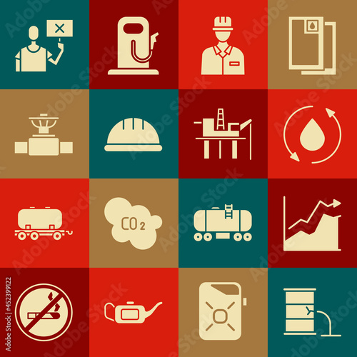 Set Barrel oil leak, Oil price increase, drop, Oilman, Worker safety helmet, Industry pipe and valve, Nature saving protest and platform the sea icon. Vector