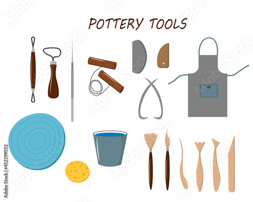 Pottery tools set. Vector illustration. For use in packaging, covers and flyers, prints, craft stores, postcards and invitations.