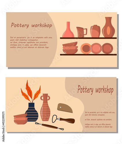 Flyer for a pottery workshop. Vector illustration on a colored background with text. For use in invitations, posters, covers, class schedules, handmade studios.