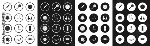 Set Virus, Stethoscope, Syringe, Test tube and flask, under magnifying glass, Blood test virus and icon. Vector