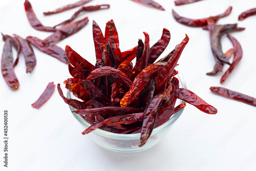Fototapeta premium Dried red chili pepper on white background.
