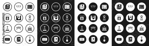 Set Beat dead in monitor, Coffin grave, Signboard tombstone, Death certificate, Location, Metallic nails, Old crypt and Grave with cross icon. Vector