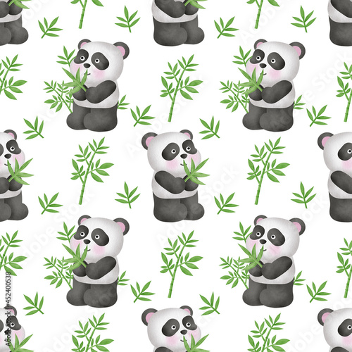 Fototapeta Naklejka Na Ścianę i Meble -  watercolor panda with bamboo seamless pattern
