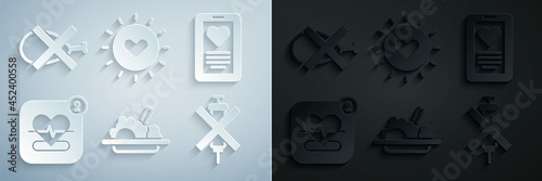 Set Healthy food, Medical clipboard, Mobile with heart rate, No doping syringe, Sun and meat icon. Vector