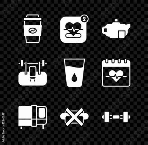 Set Coffee cup to go, Mobile with heart rate, Teapot, Bed, No junk food, Dumbbell, Bench barbel and Glass water icon. Vector