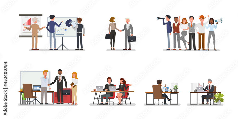 Set of Business office connection working concept. Businessmen and businesswomen character vector design. Presentation in various action with emotions, running, standing and walking.