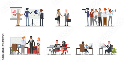 Set of Business office connection working concept. Businessmen and businesswomen character vector design. Presentation in various action with emotions, running, standing and walking. © yindee