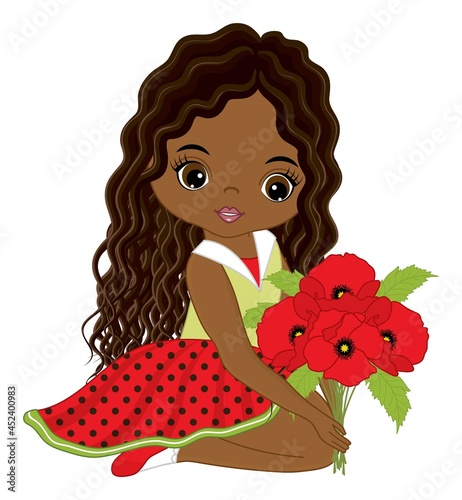 Beautiful Black Girl with Bouquet of Red Poppies