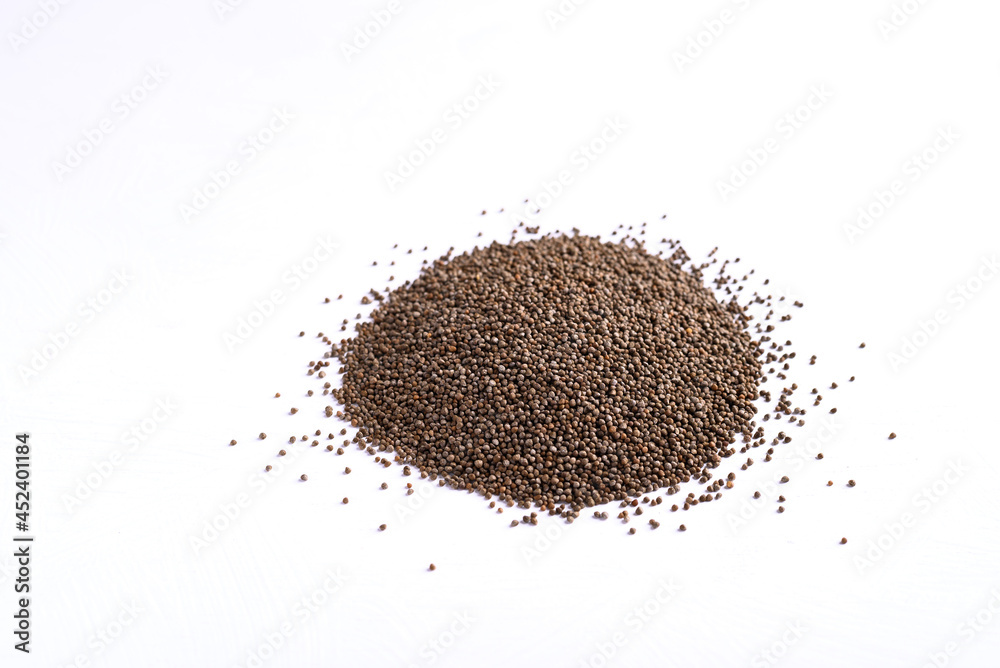 Pile of perilla seeds on white background, Healthy herbal seed ingredients in Asian food Pile of perilla seeds on white background, Healthy herbal seed ingredients in Asian food
