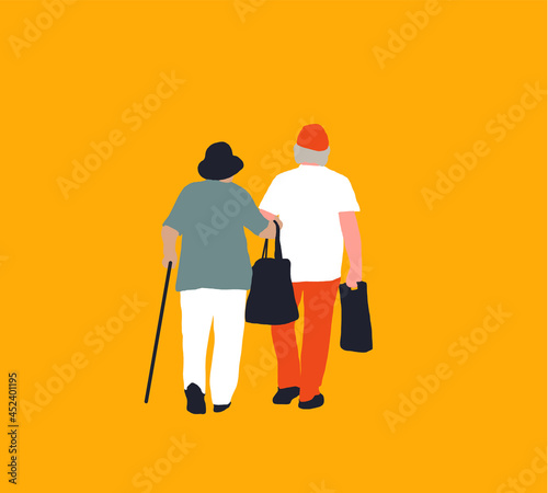 Old couple walking with a cane and shopping bag. Isolated flat vector illustration. Happy old man and woman enjoying retirement money concept.