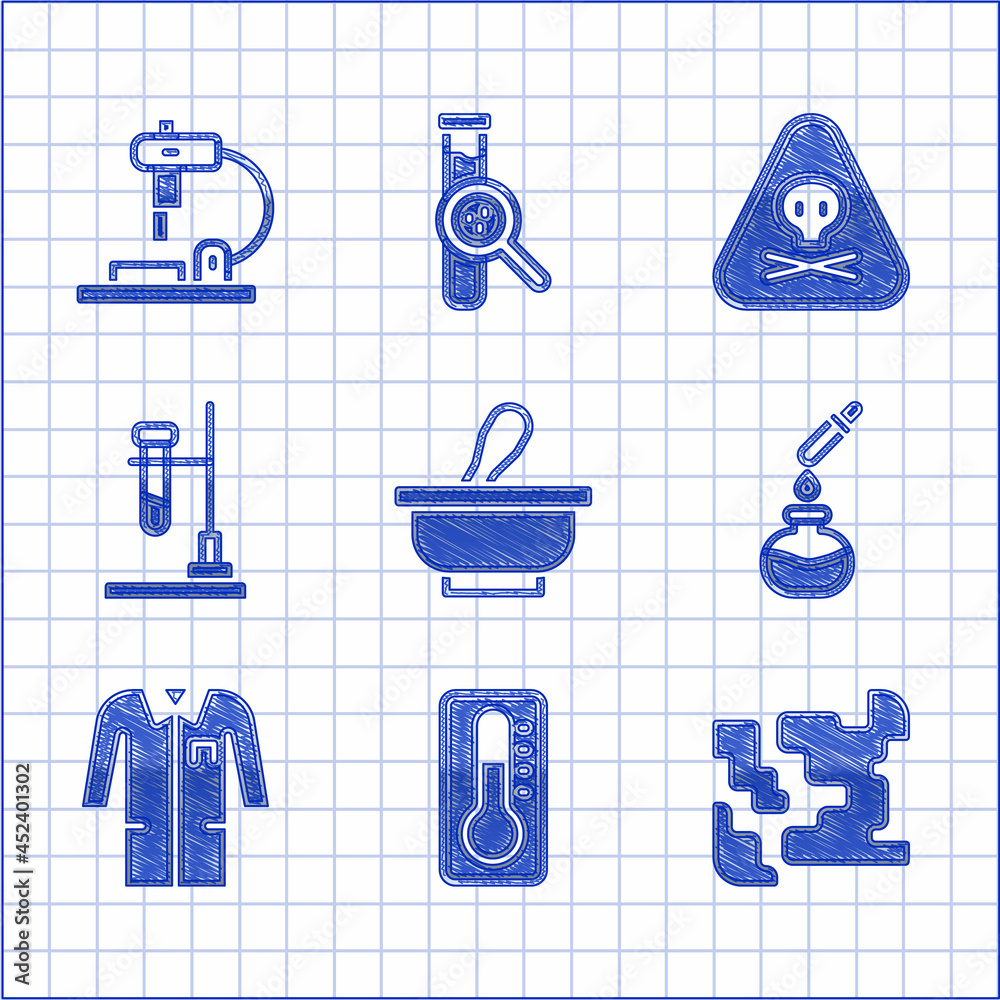Set Mortar and pestle, Medical thermometer, Gaseous, Test tube flask ...