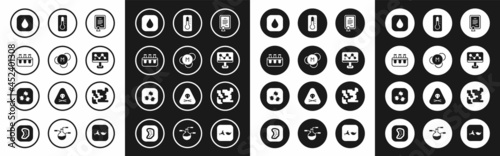 Set Certificate template, Molecule, Test tube and flask, Water drop, Chemical formula, Medical thermometer, Gaseous and Bacteria icon. Vector