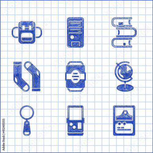 Set Energy drink, Tetris, Card game, Earth globe, Magnifying glass, Socks, Book and School backpack icon. Vector